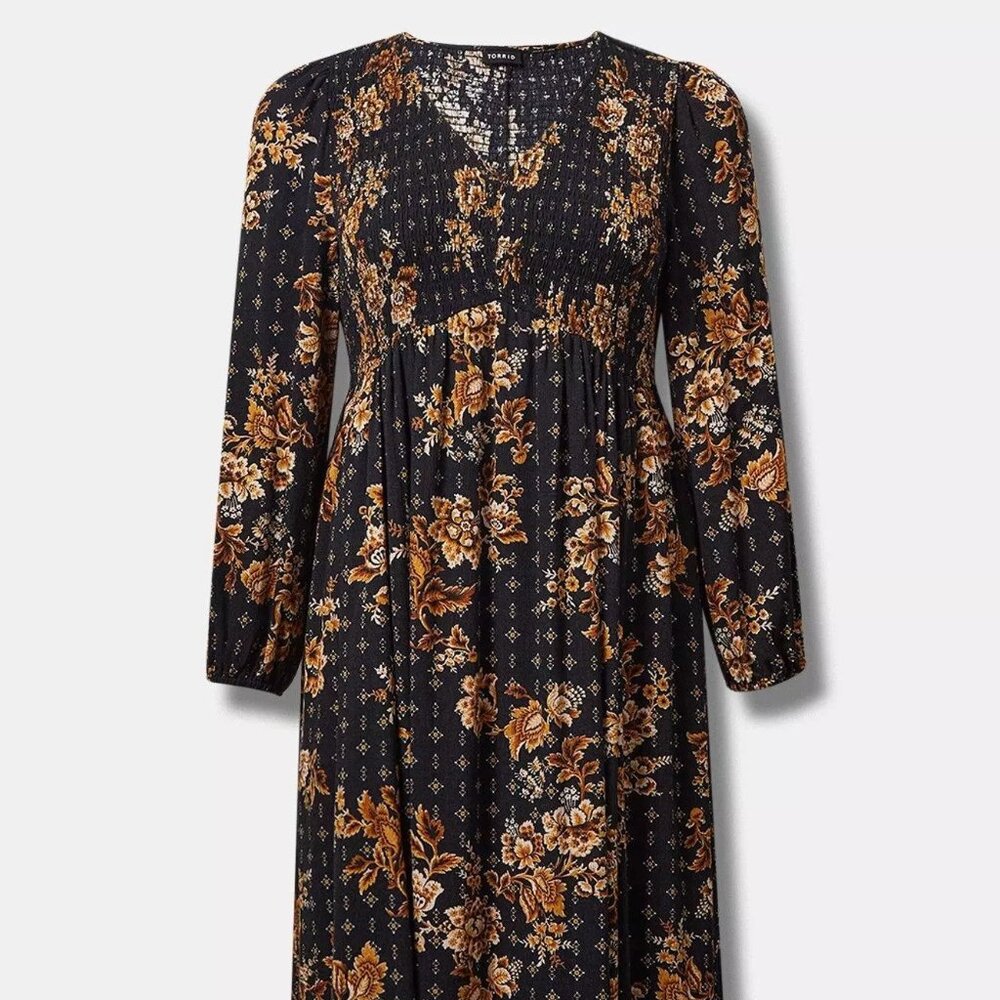 Torrid Midi Washable Gauze Smocked Bodice Long Sleeve Dress Sz 1